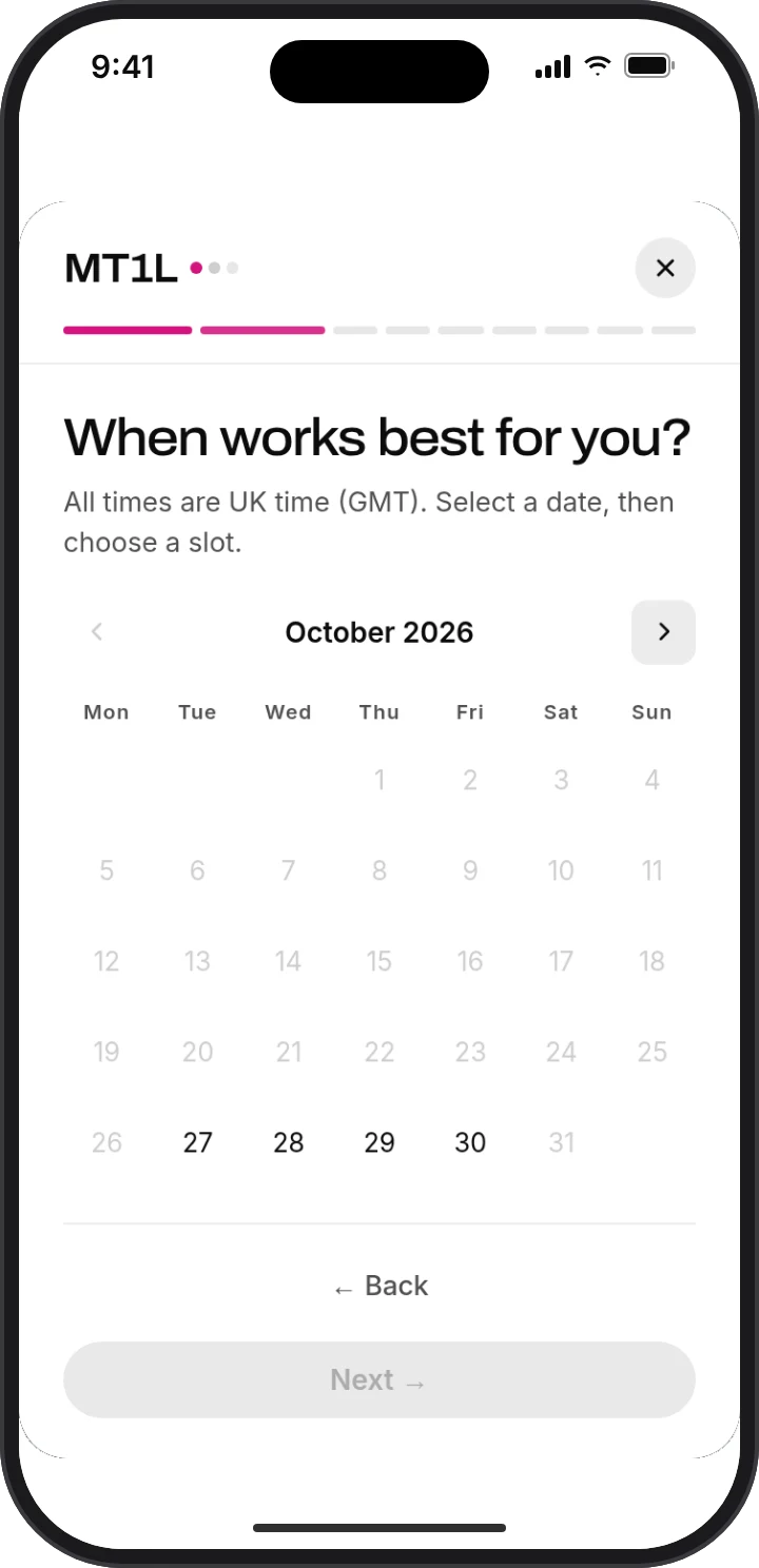 Choosing a date in the actual mobile booking experience; open the booking tool for current availability