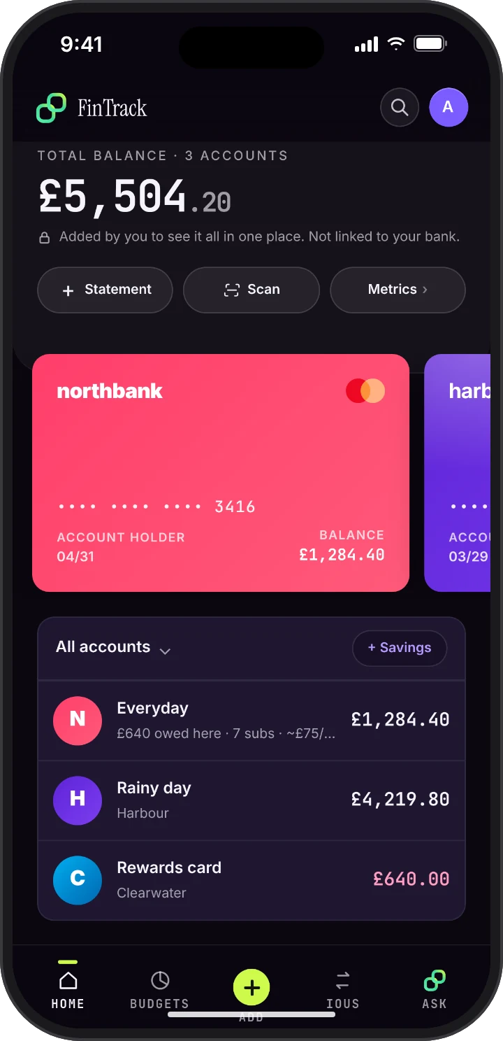 FinTrack home: total balance, coloured cards and accounts, with a note that accounts are not linked to a bank