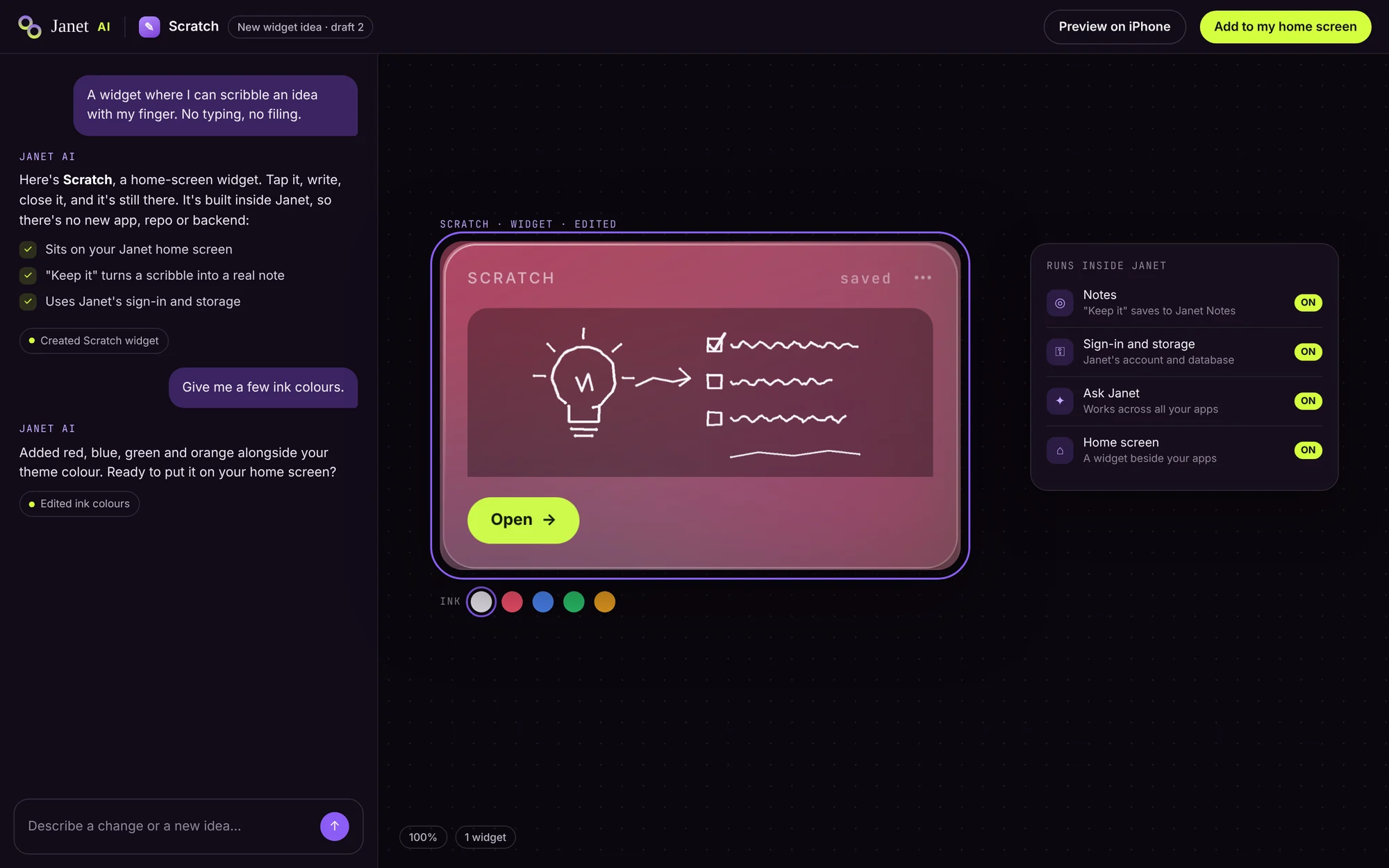 Janet AI on desktop: a chat designing Scratch, a widget for scribbling ideas, shown on a canvas with its ink colours and what it gets from Janet without setup