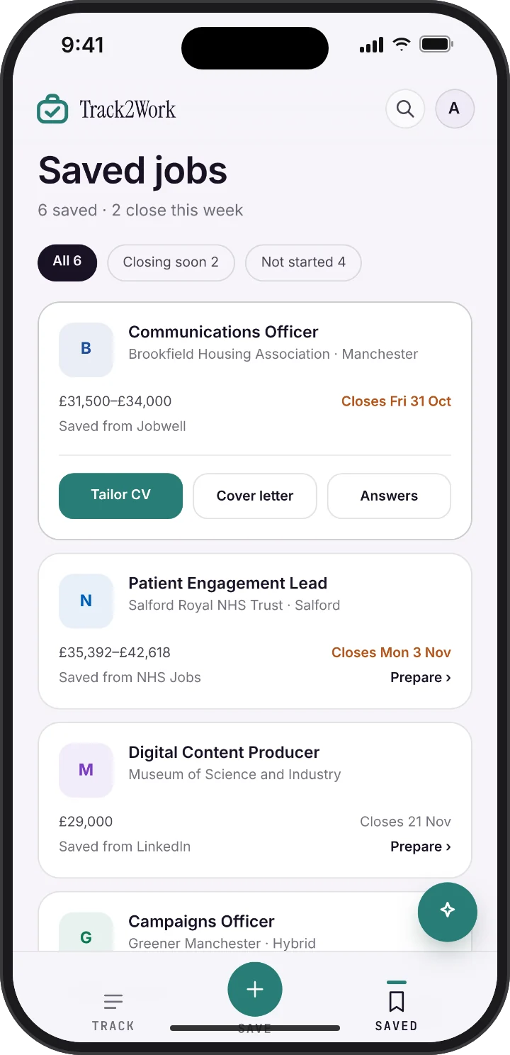 Saved jobs from Jobwell, NHS Jobs, LinkedIn and Guardian Jobs, the first open with Tailor CV, Cover letter and Answers.