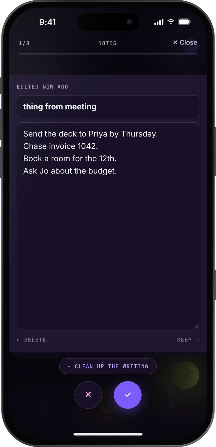 A note turned into a short list of smaller tasks